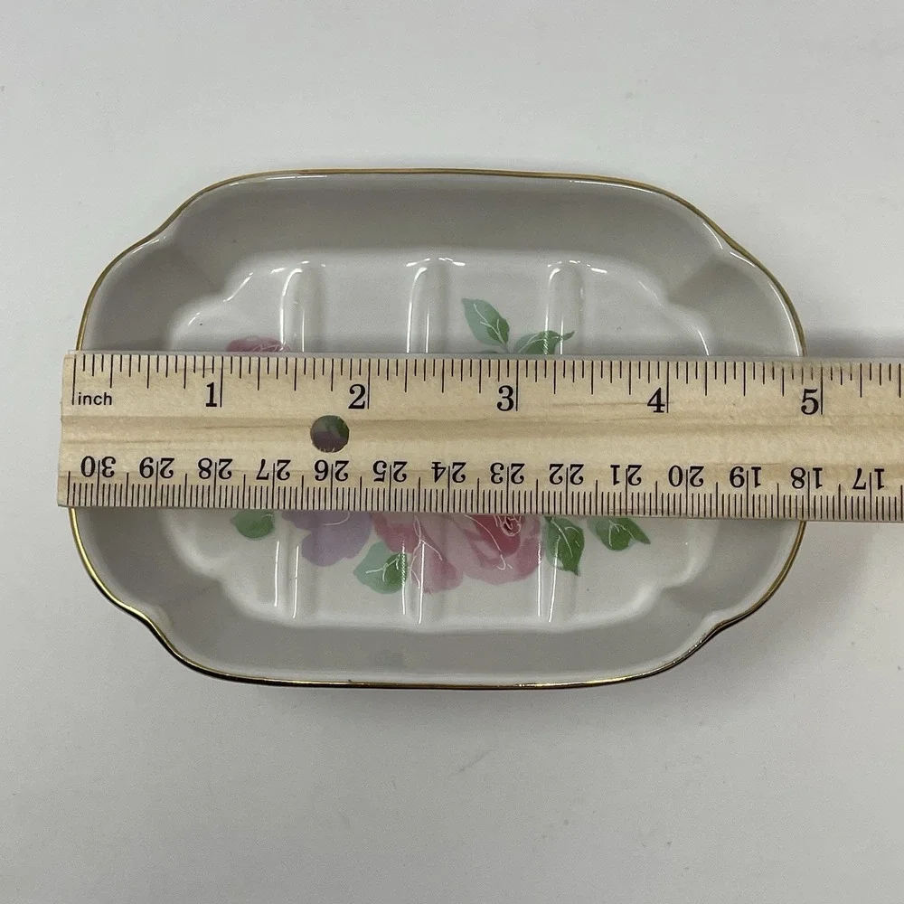 Vintage Ceramic Soap Dish Pink Purple Roses Gold Trim Made in Japan Vanity Tray